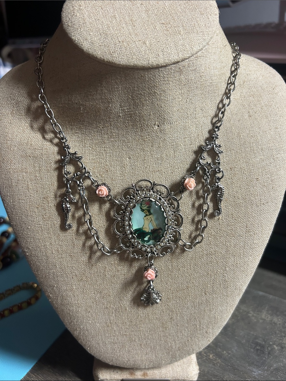 Victorian Vintage-Inspired mermaid Cameo necklace with Pink Roses Seahorse